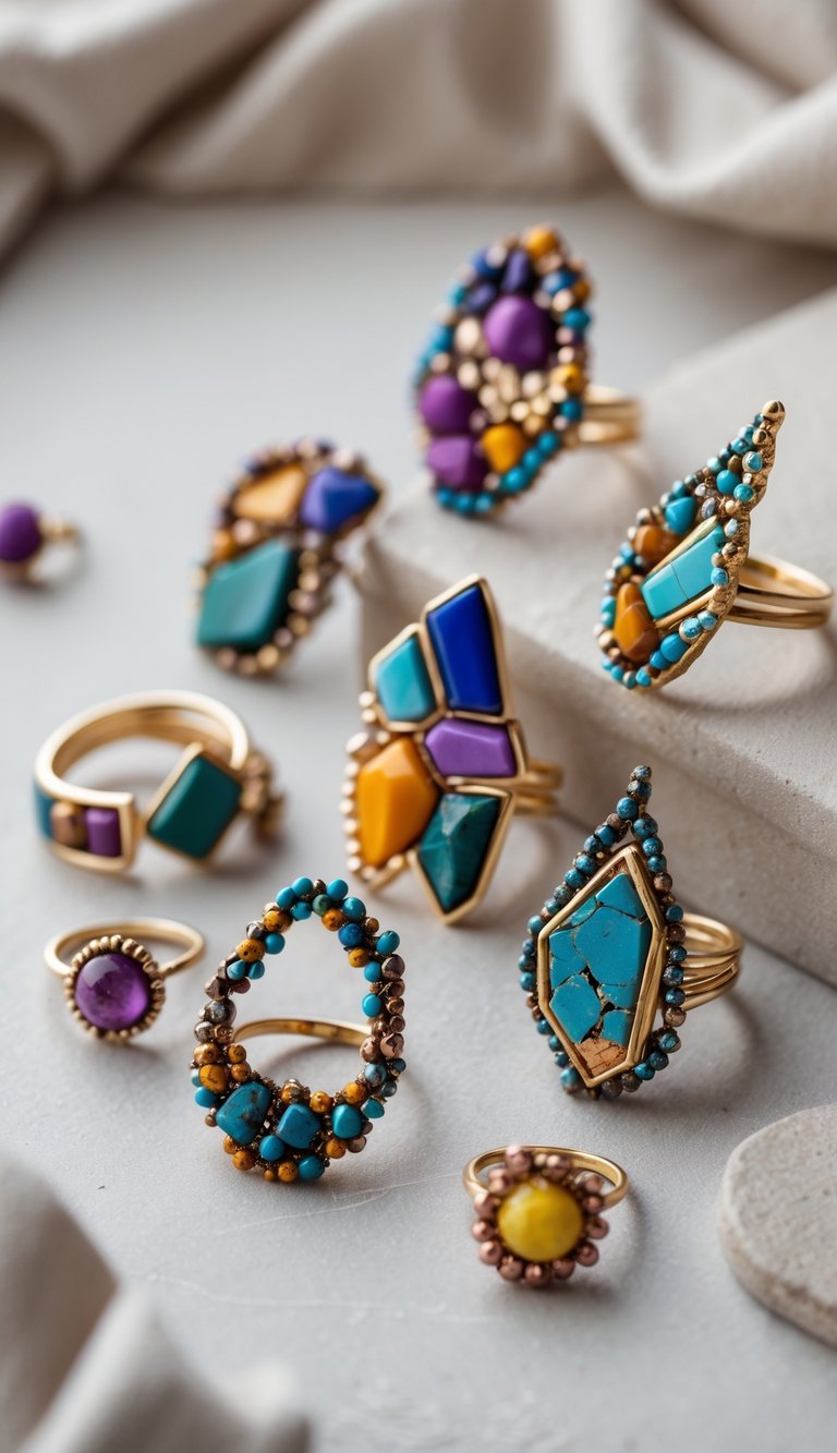 Close-up of various colorful broken jewelry pieces arranged as statement rings and earring clusters on a soft surface.